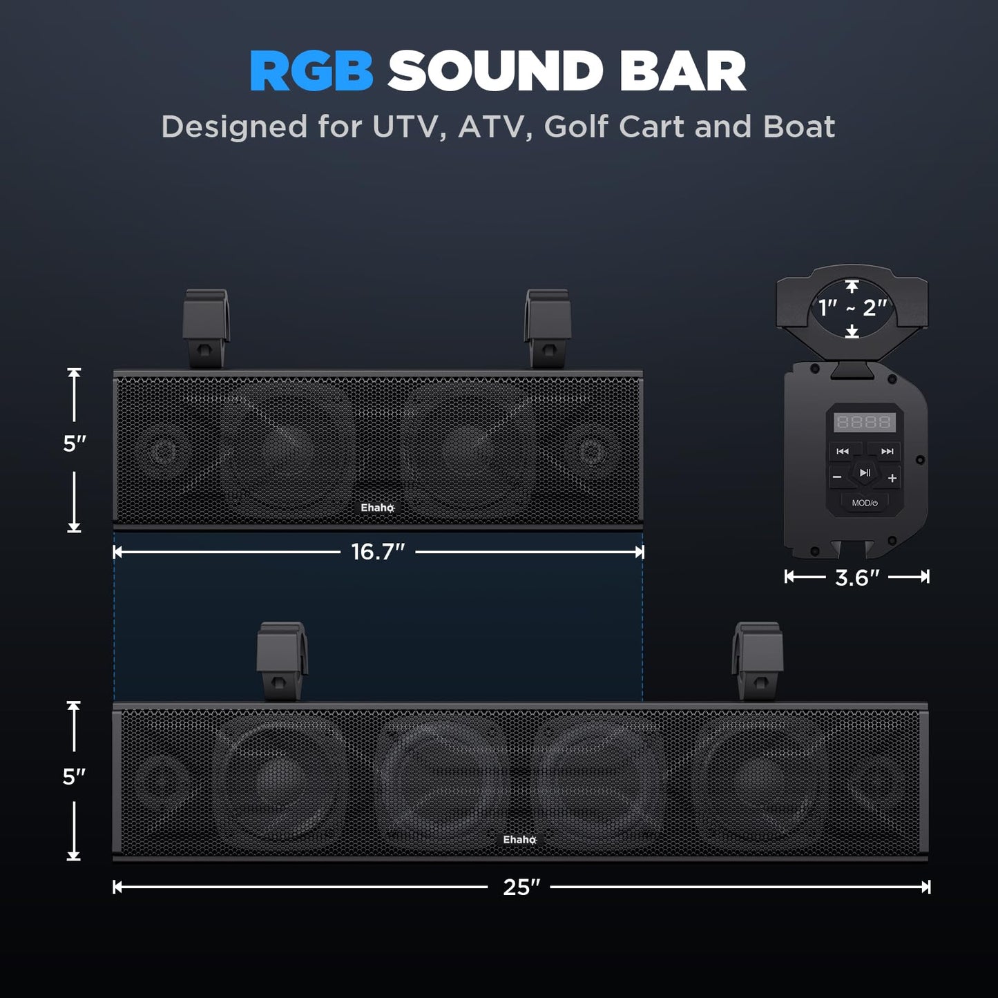 EHAHO 25 Inch UTV Sound Bar with Bluetooth & RGB Lighting