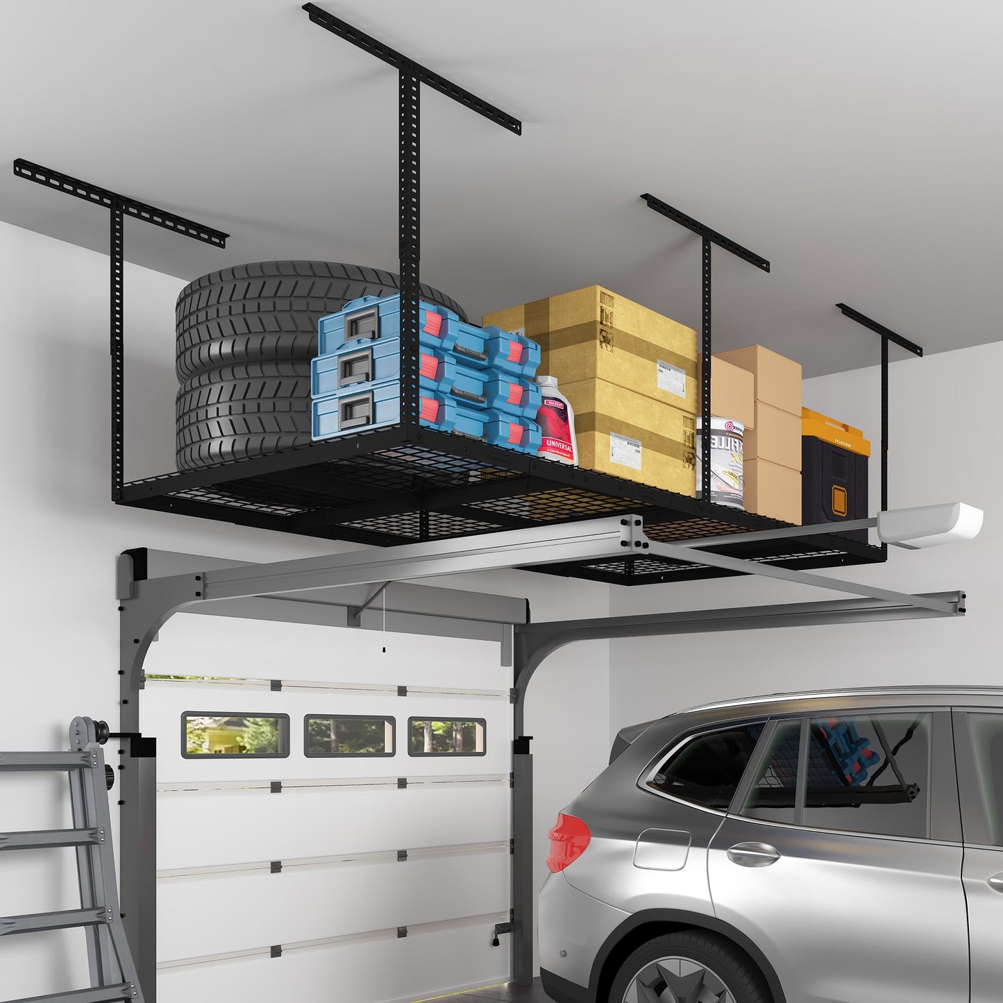 FLEXIMOUNTS 4x8 Overhead Garage Storage Rack - Heavy-Duty Black