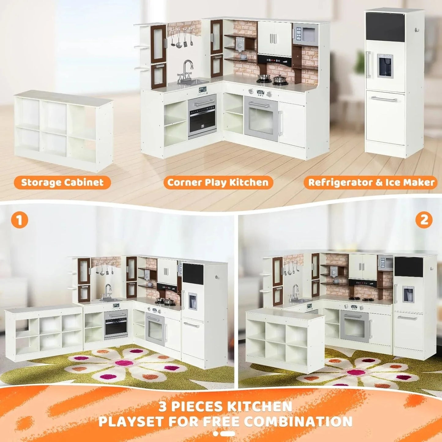 BRINJOY Kids Modular Wooden Kitchen Playset with Light & Sound, Corner Kitchen, Fridge & Storage – Perfect Gift for Toddlers