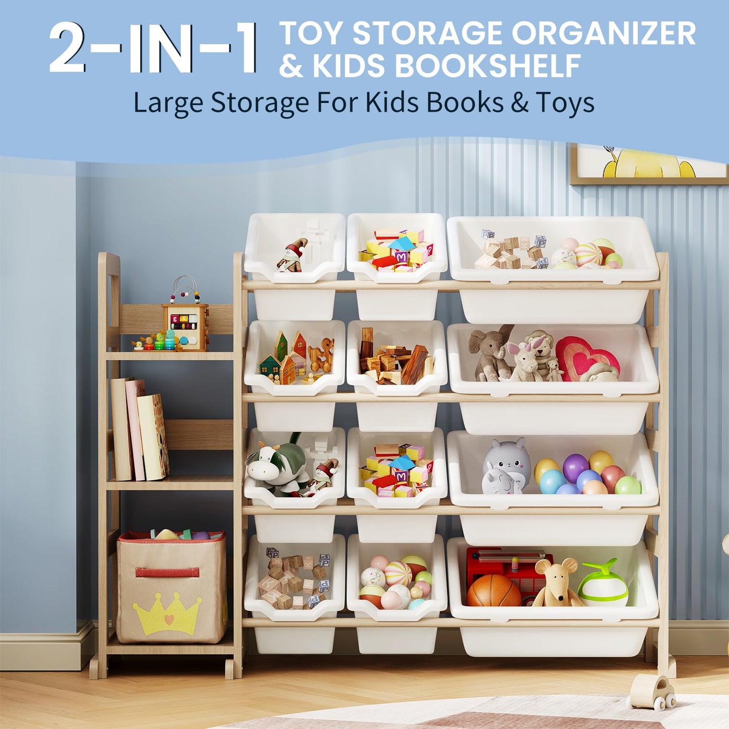 EXPERLAM Toy Storage Organizer with Bookshelf & 12 Bins