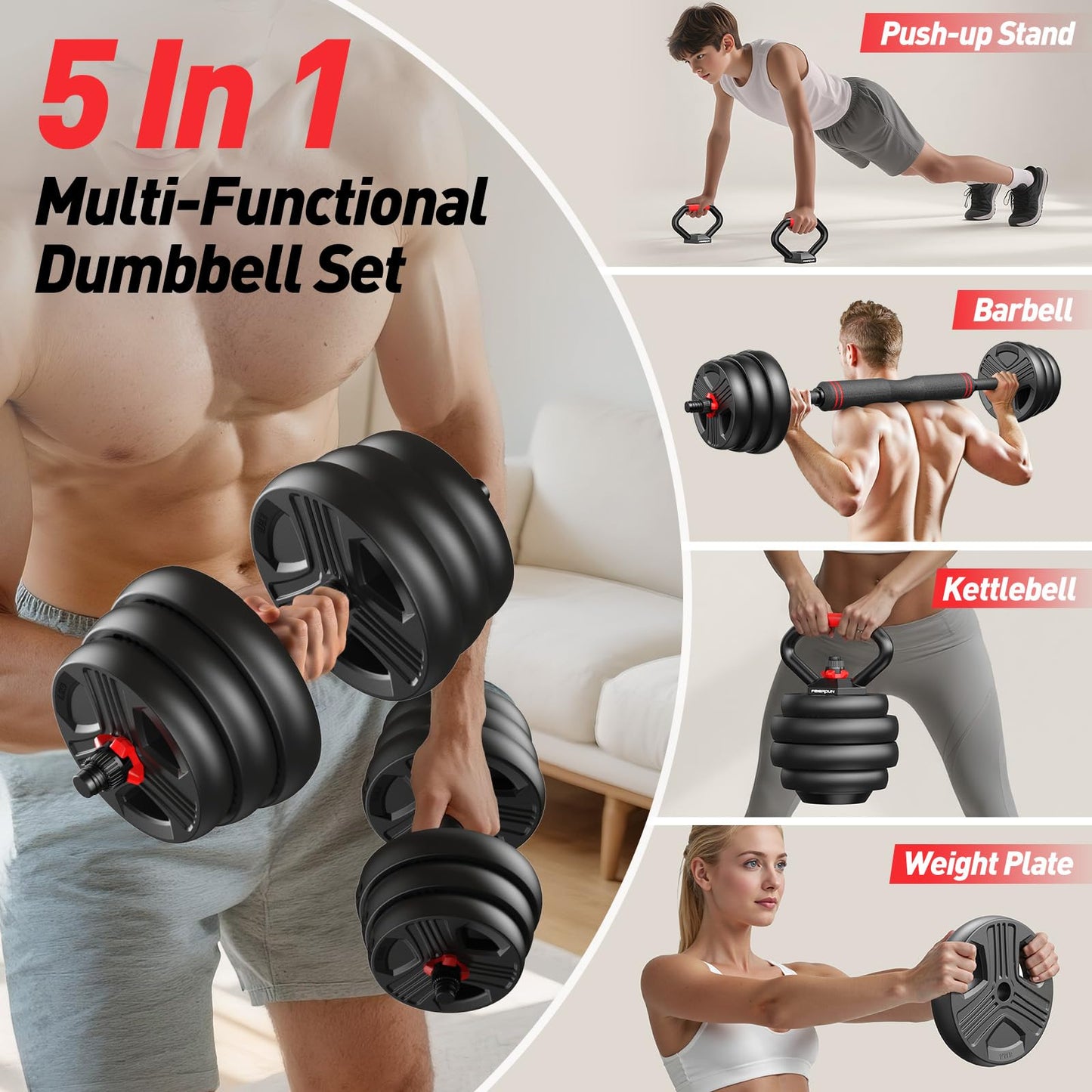 FITPLAM Adjustable Dumbbell Set 20-90lbs - 5 in 1 Weights