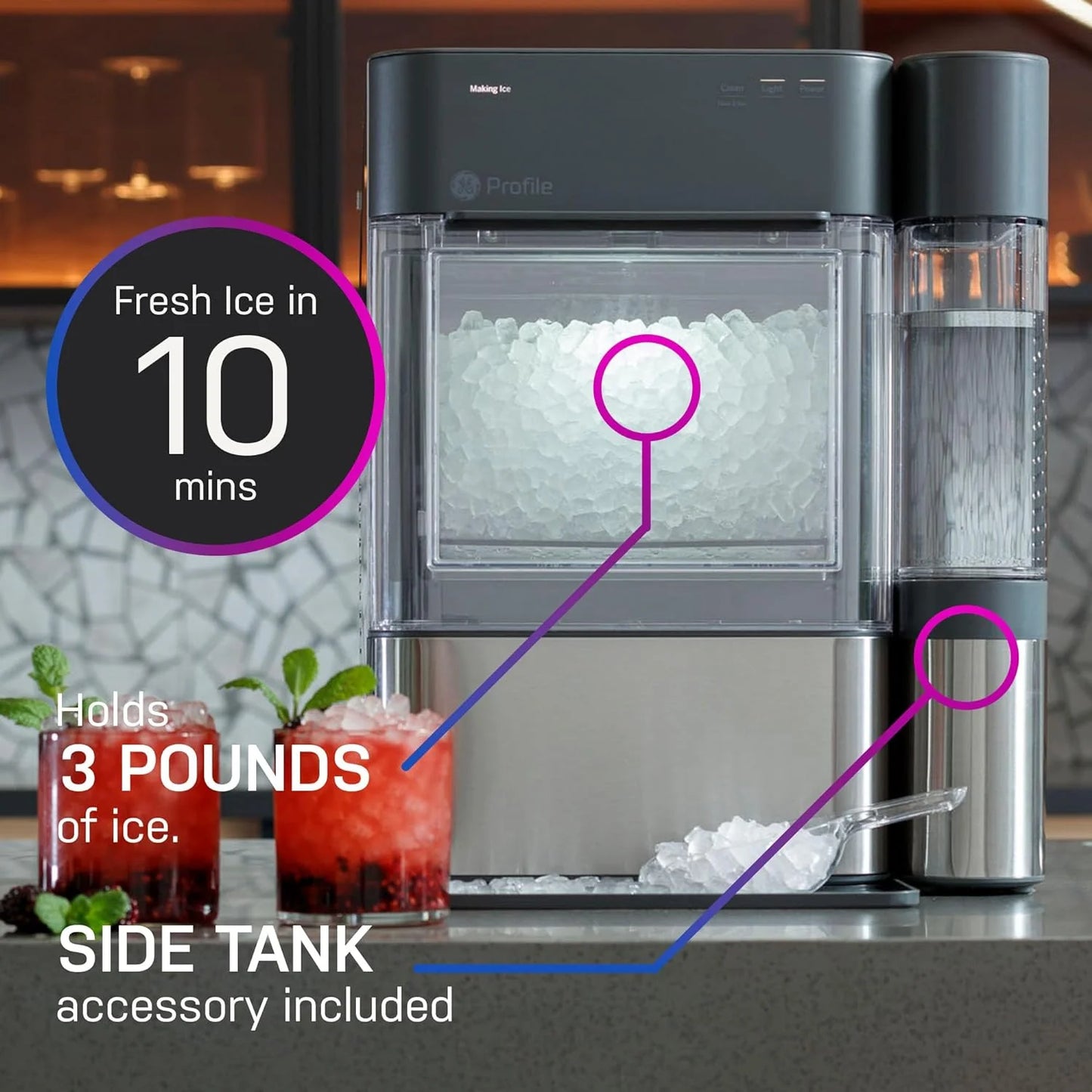 Countertop Nugget Ice Maker with Side Tank | Ice Machine with WiFi Connectivity | Smart Home Kitchen Essentials | Stainless Steel