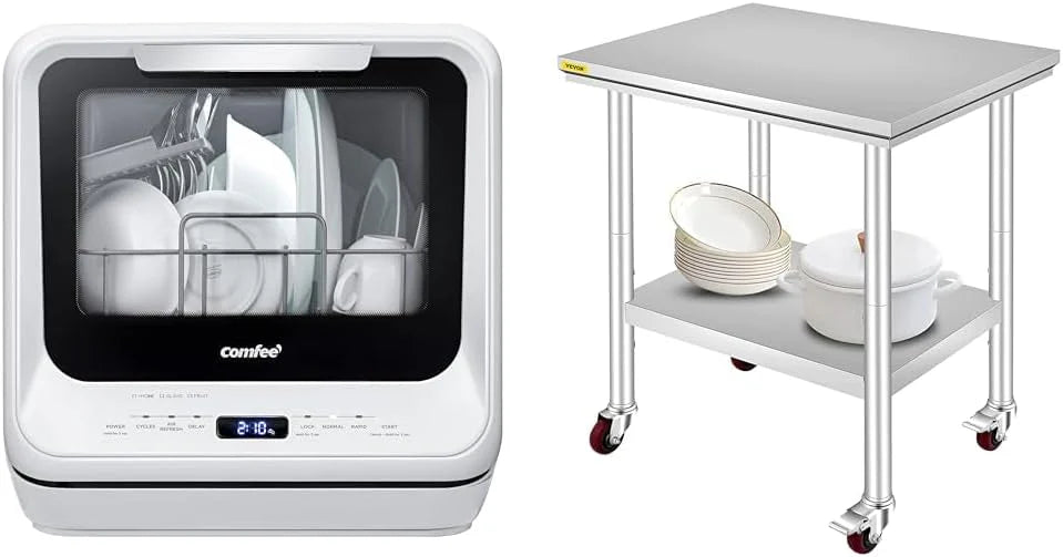 COMFEE' Portable Dishwasher Countertop with 5L Built-in Water Tank, No Hookup Needed, 6 Programs, 360° Dual Spray, 192℉ High-Temp& Air-Dry Function, Mini Dishwasher for RVs, White