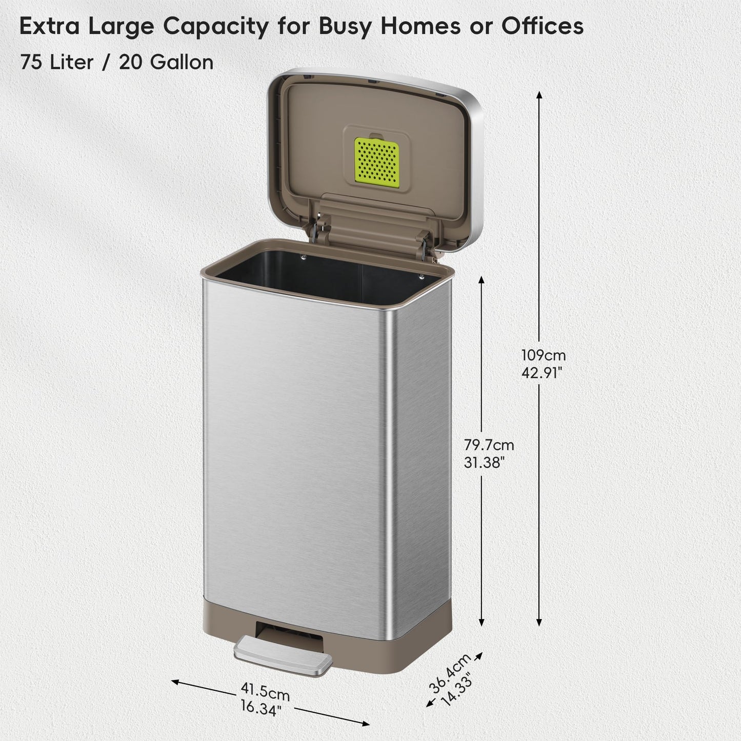 EKO Hudson Matte Stainless 75L Step Trash Can with Storage