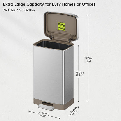 EKO Hudson Matte Stainless 75L Step Trash Can with Storage
