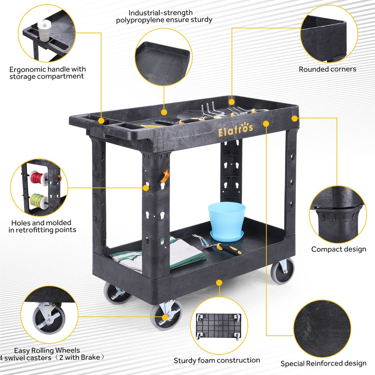 ELAFROS Heavy Duty Plastic Utility Cart - 2 Tier Service Cart