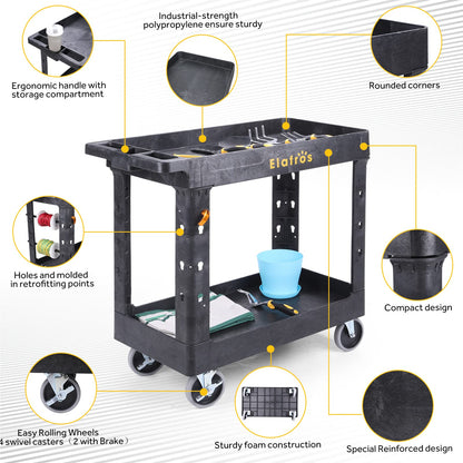 ELAFROS Heavy Duty Plastic Utility Cart - 2 Tier Service Cart