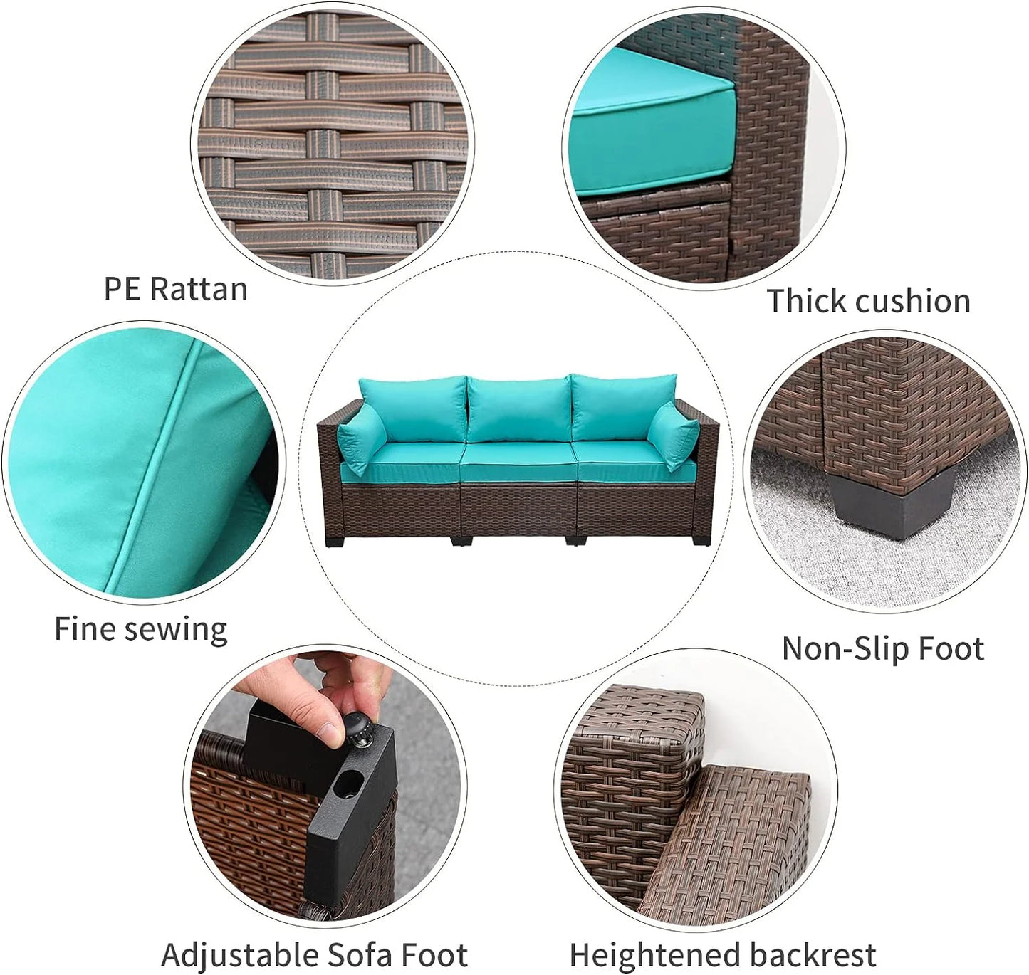 WAROOM Patio Couch PE Wicker 3-Seat Outdoor Brown Rattan Sofa Deep Seating Furniture with Non-Slip Beige Cushion