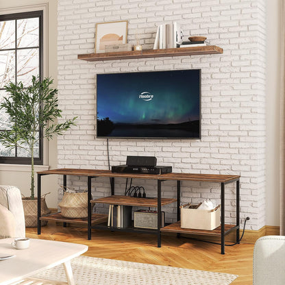 TV Stand with Power Outlets to 75 Inches, TV Console Table with Open Storage Shelves Cabinet, Industrial Media Entertainment Center for Living Room Bedroom, Rustic Brown and Black BF60DS01