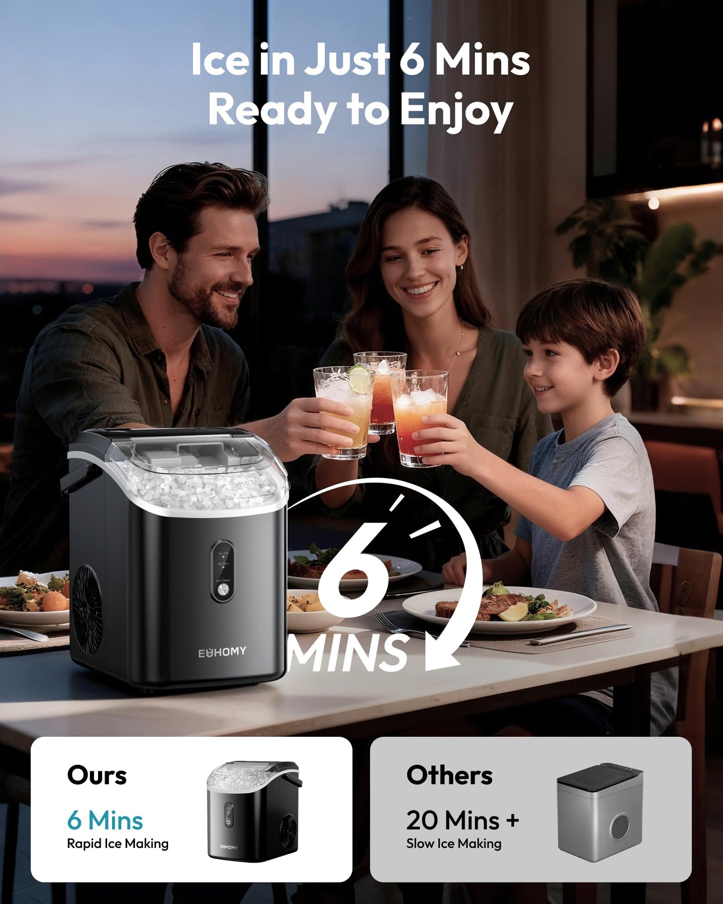 EUHOMY Nugget Ice Maker - Portable Self-Cleaning, 38lbs/Day