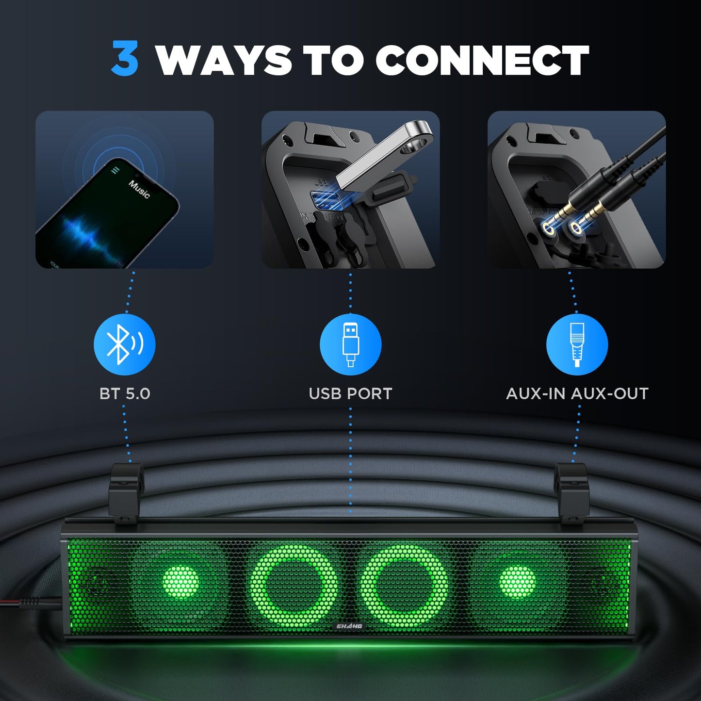 EHAHO 25 Inch UTV Sound Bar with Bluetooth & RGB Lighting