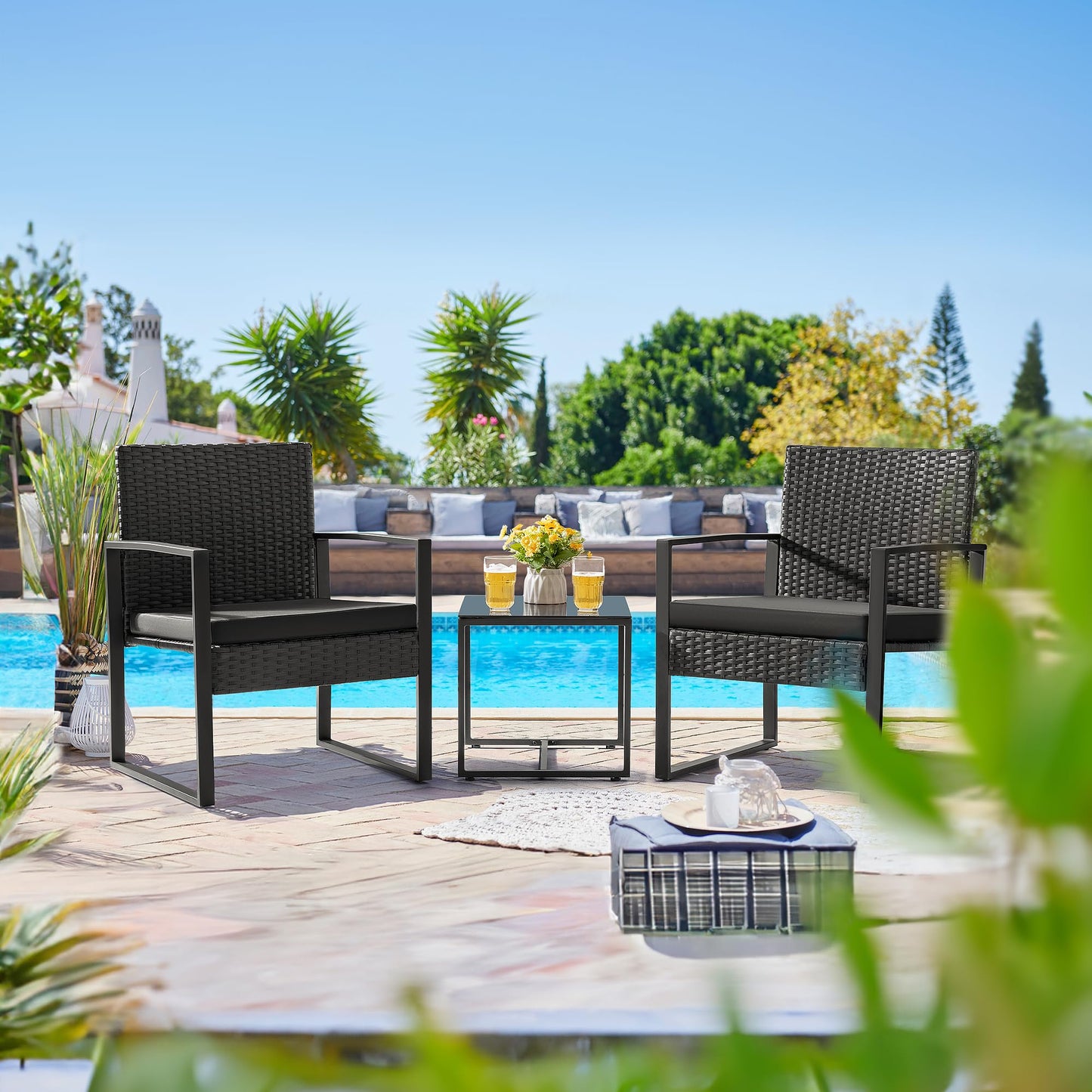 FLAMAKER 3 Pieces Outdoor Wicker Furniture Set with Coffee Table