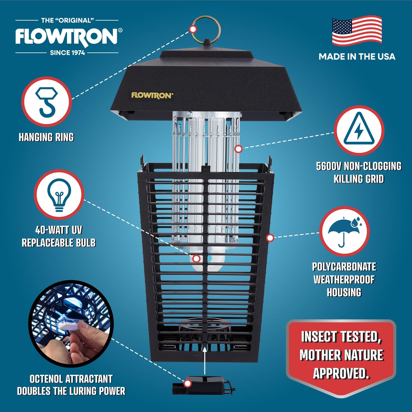 FLOWTRON Bug Zapper with 40W Bulb & 5600V Grid for 1 Acre