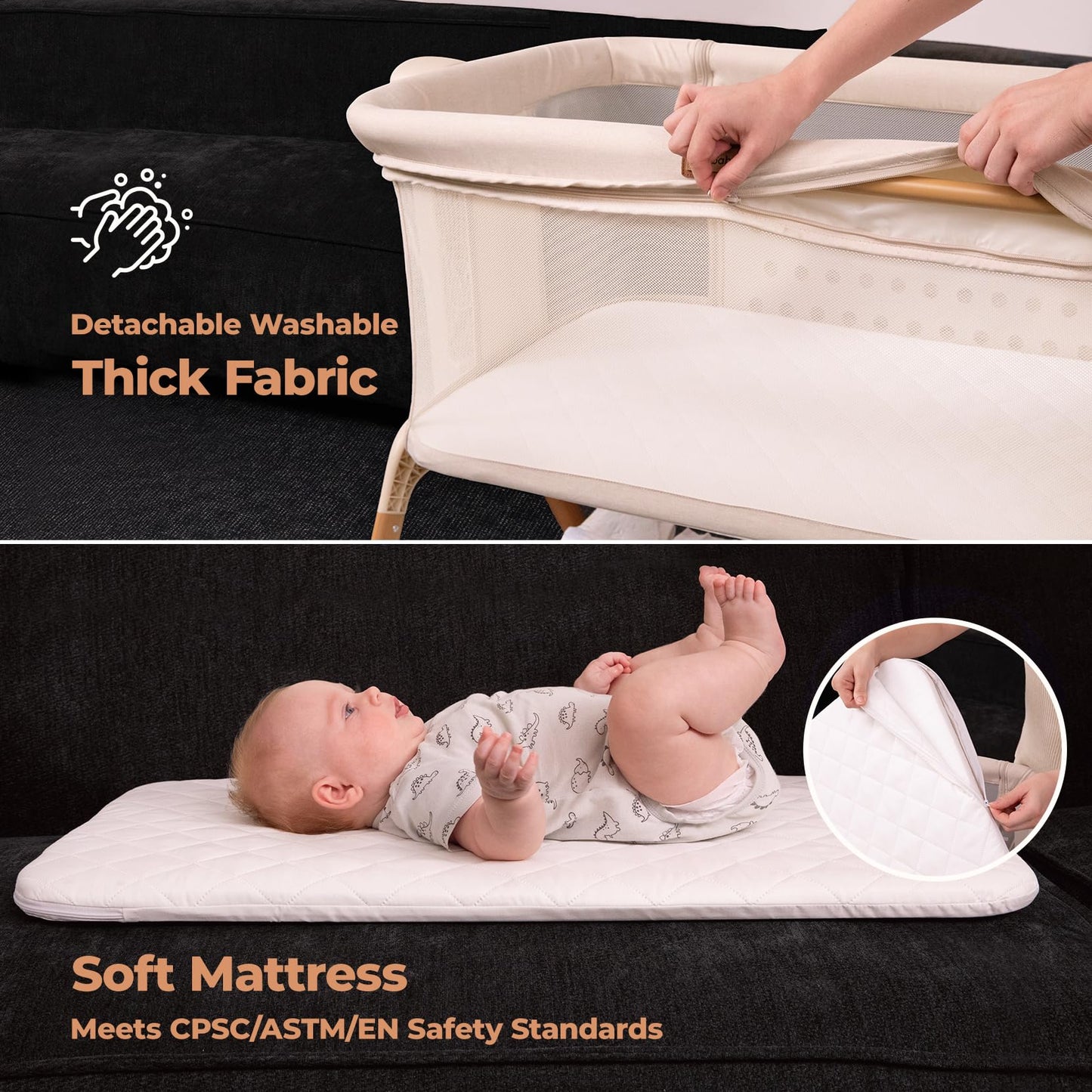 EZEBABY Baby Bassinet Bedside Sleeper - 3-in-1 Rocking Crib