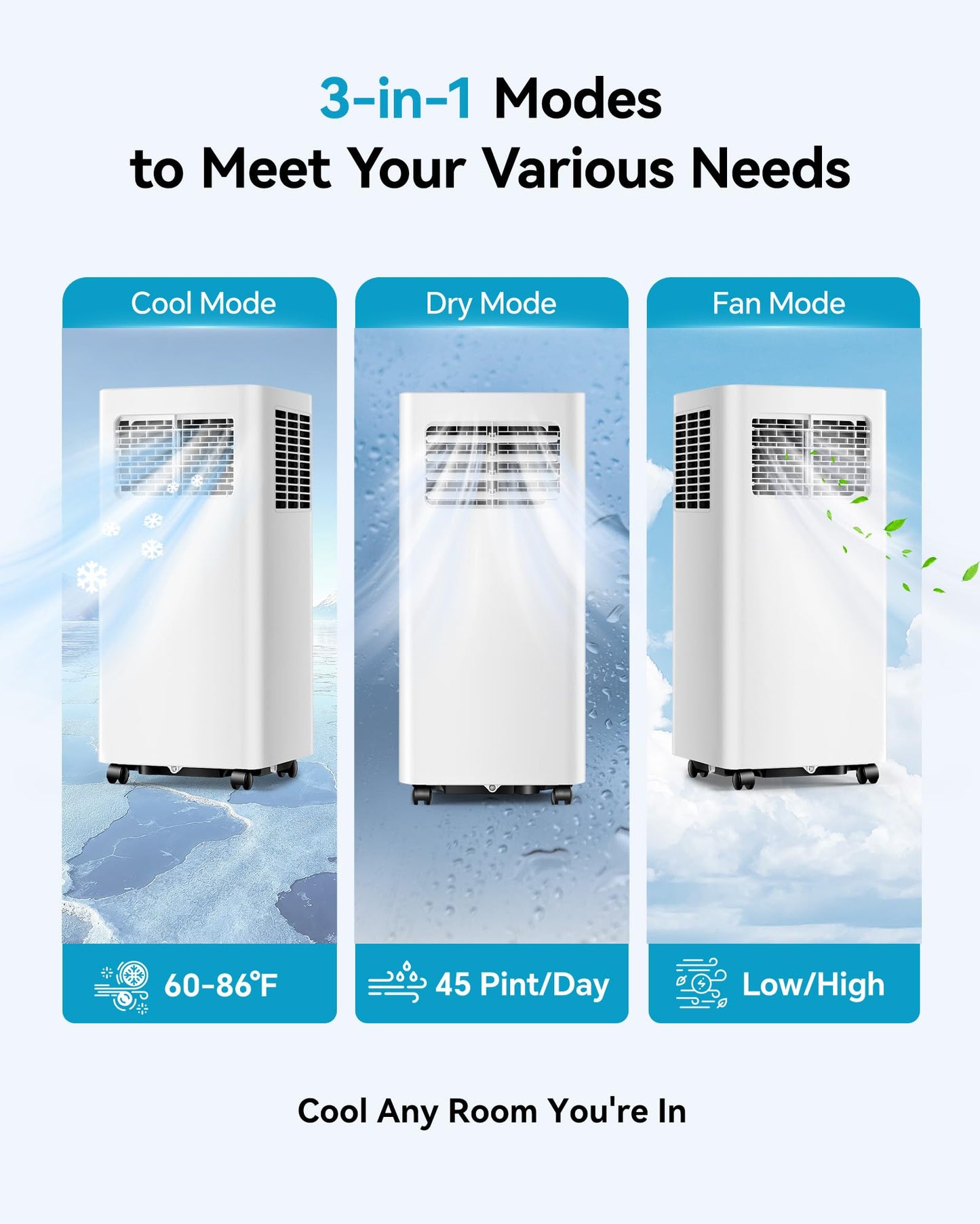 FEELFUNN 8000 BTU Portable Air Conditioner - 3-in-1 Quiet AC