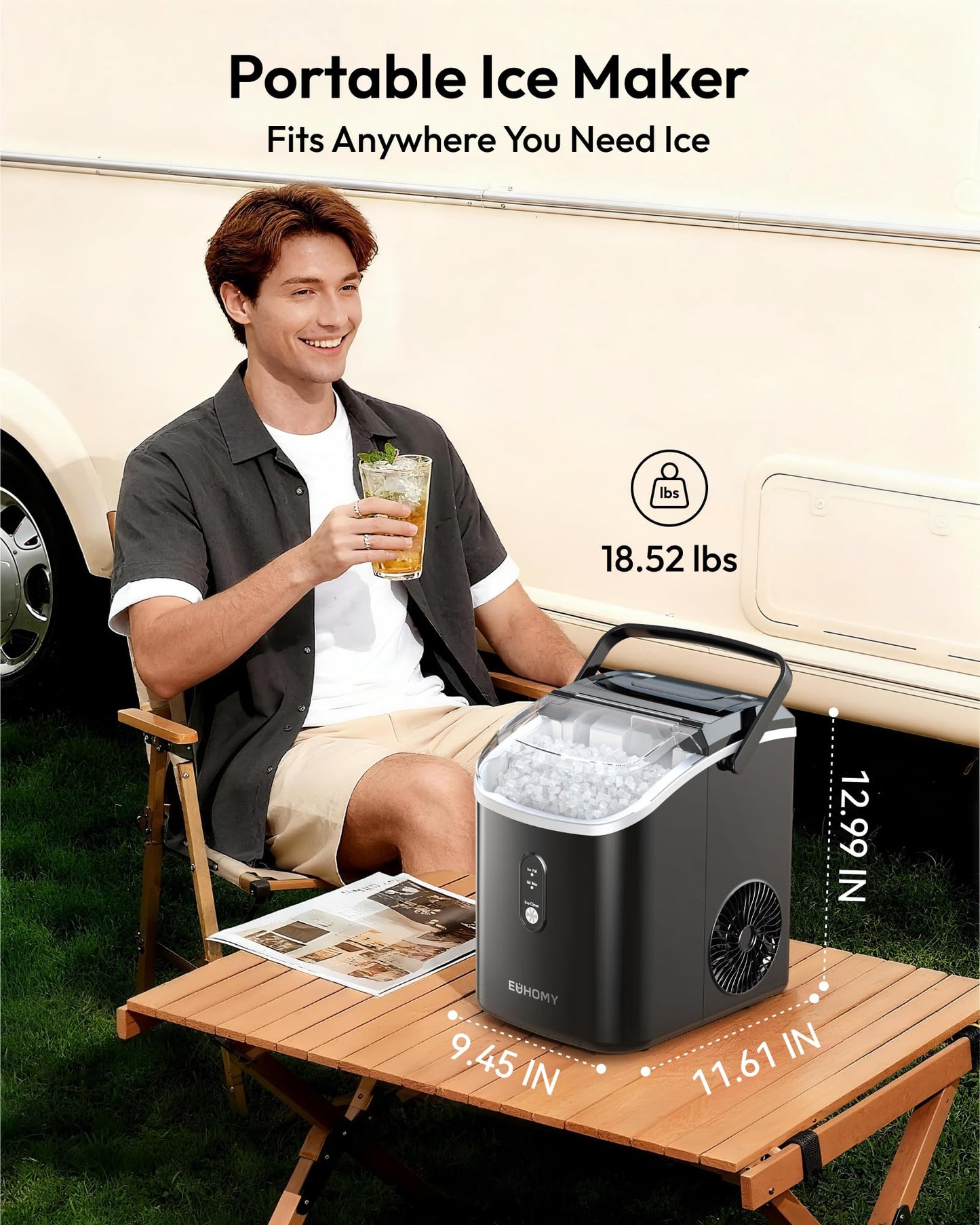 EUHOMY Nugget Ice Maker - Portable Self-Cleaning, 38lbs/Day