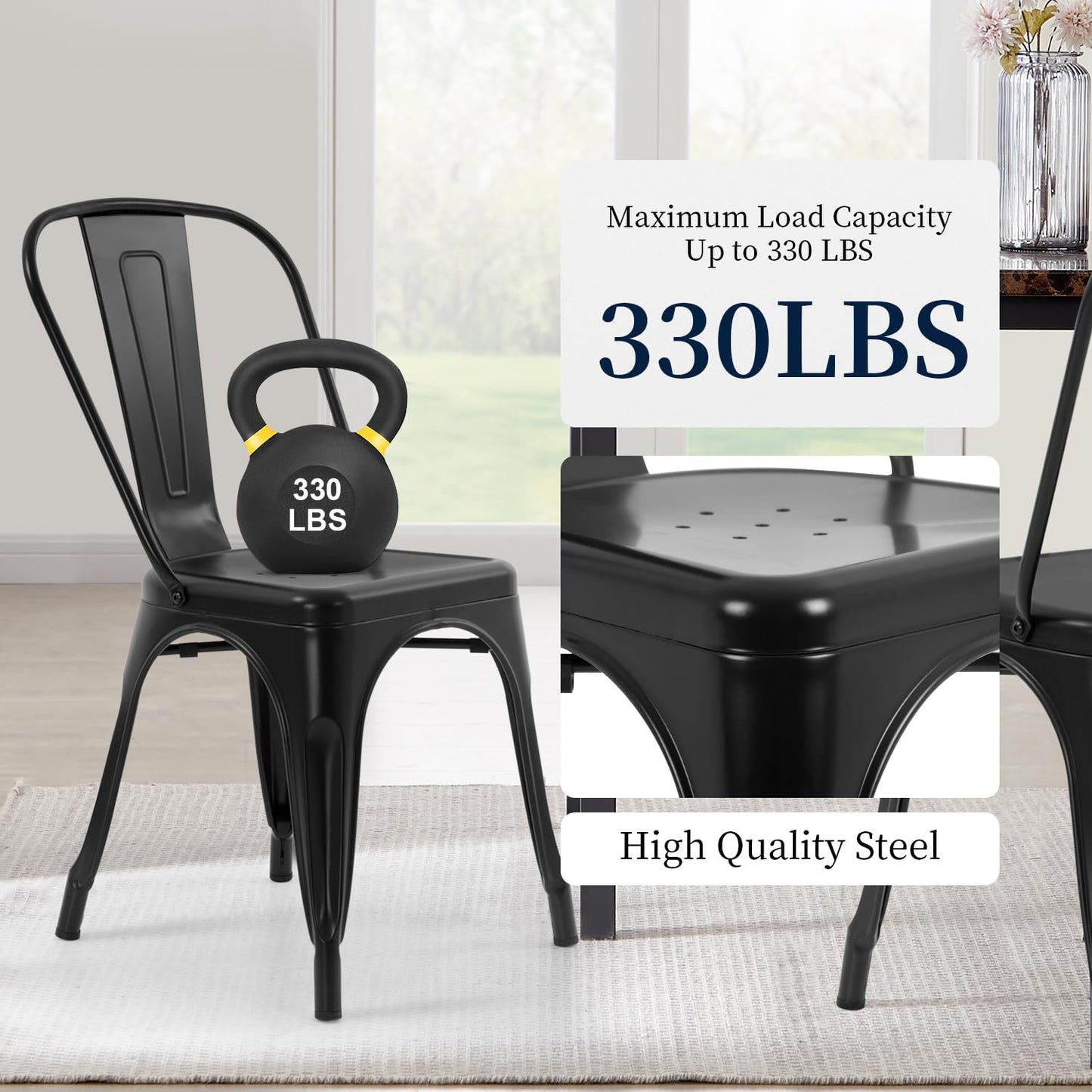 FDW Metal Dining Chairs Set of 4 - Black Stackable Tolix