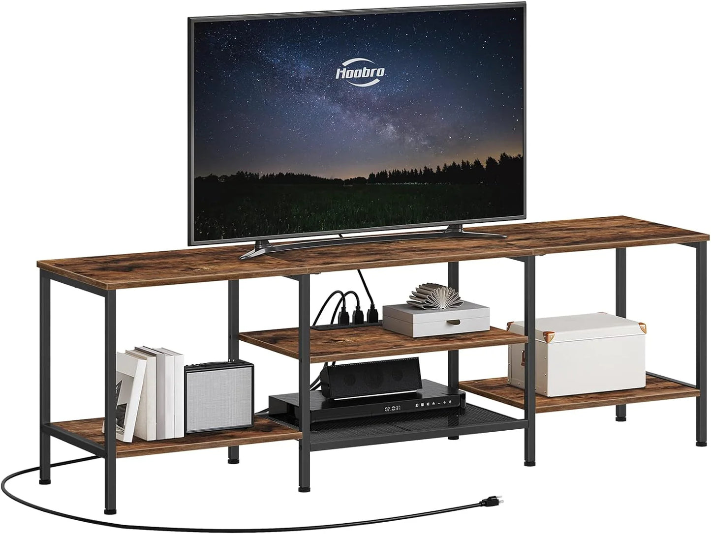TV Stand with Power Outlets to 75 Inches, TV Console Table with Open Storage Shelves Cabinet, Industrial Media Entertainment Center for Living Room Bedroom, Rustic Brown and Black BF60DS01