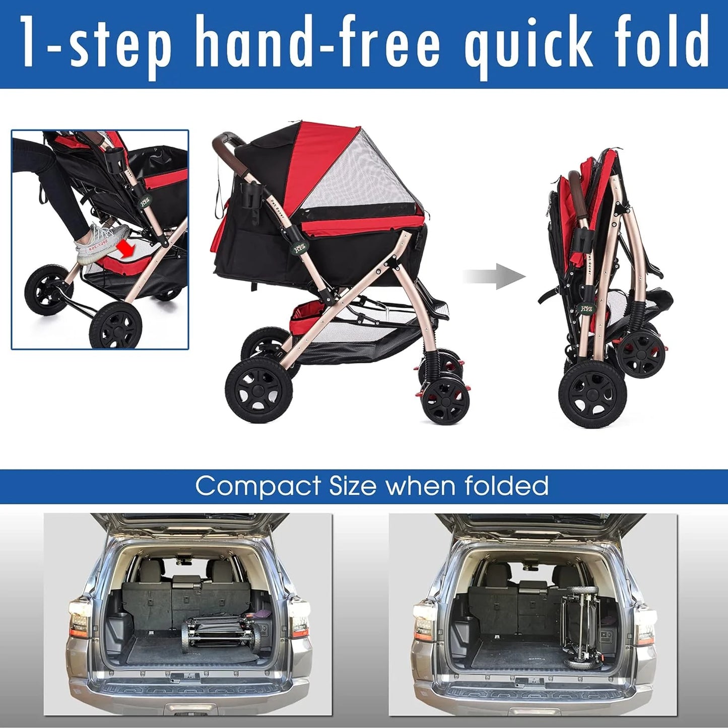 Pet Rover Premium Heavy Duty DogCat Stroller Travel Carriage CompartmentZipperless EntryPump-Free Rubber Tires Small, Medium, Large Pets (Black 2nd-Gen.), X-Large (Pack of 1)