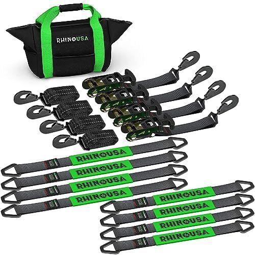 Car Tie Down Straps for Trailers with J Hooks (4-Pack) - 2 Inch x 8 Feet (10,000lb Break Strength) - Heavy Duty T-Handle Car Hauler Tire Straps for Trailer & UTV with Axle Straps - Black