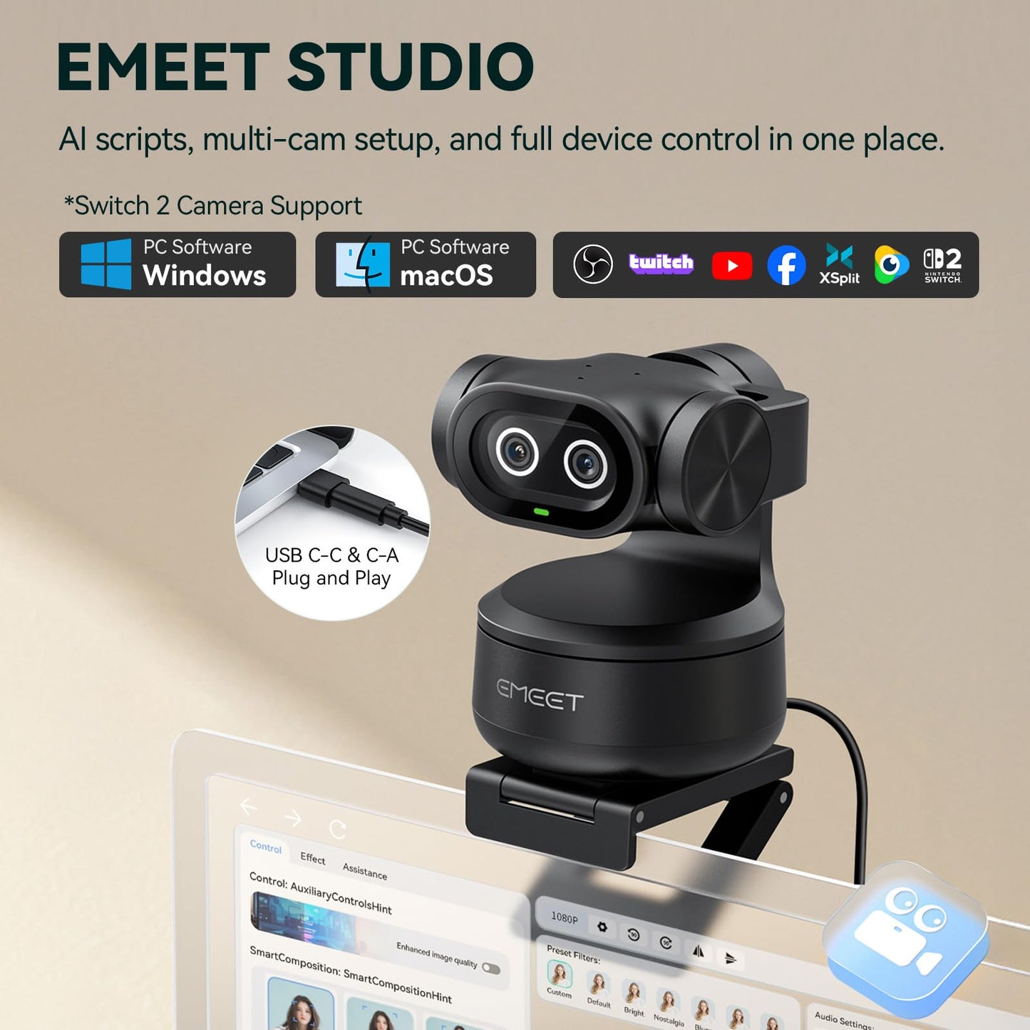 EMEET PIXY 4K AI Dual-Camera PTZ Webcam with Gesture Control