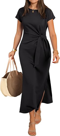 WWomens Summer Maxi Dress Casual Crew Neck Tie Waist Split Wrinkle-Free Fit Long Fashion Vacation Dresses 2026 Spring