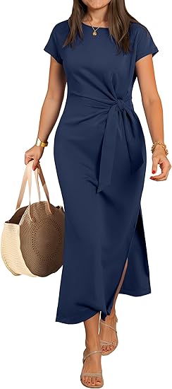 WWomens Summer Maxi Dress Casual Crew Neck Tie Waist Split Wrinkle-Free Fit Long Fashion Vacation Dresses 2026 Spring