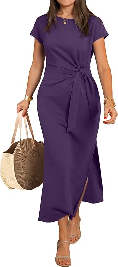 WWomens Summer Maxi Dress Casual Crew Neck Tie Waist Split Wrinkle-Free Fit Long Fashion Vacation Dresses 2026 Spring