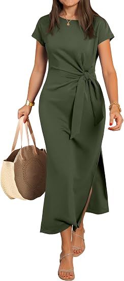 WWomens Summer Maxi Dress Casual Crew Neck Tie Waist Split Wrinkle-Free Fit Long Fashion Vacation Dresses 2026 Spring