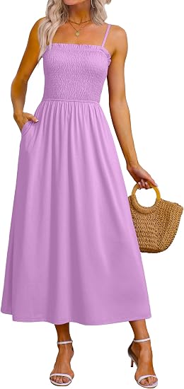 Womens Spaghetti Strap Maxi Dresses Smocked with Pockets 2026 Summer Spring Casual Boho Beach Long Sundresses