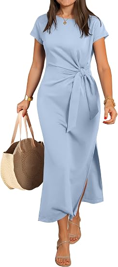 WWomens Summer Maxi Dress Casual Crew Neck Tie Waist Split Wrinkle-Free Fit Long Fashion Vacation Dresses 2026 Spring