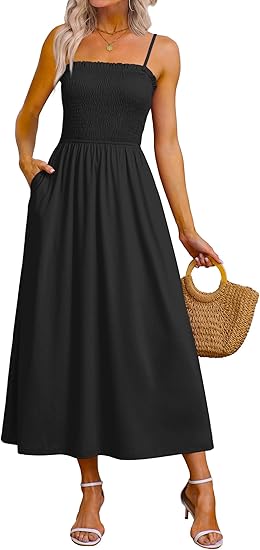 Womens Spaghetti Strap Maxi Dresses Smocked with Pockets 2026 Summer Spring Casual Boho Beach Long Sundresses