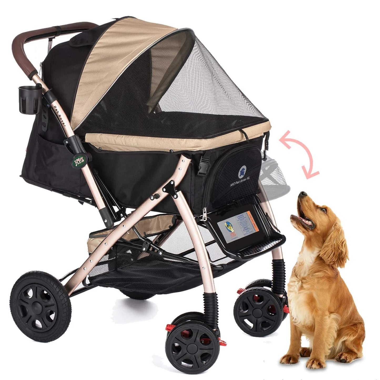 Pet Rover Premium Heavy Duty DogCat Stroller Travel Carriage CompartmentZipperless EntryPump-Free Rubber Tires Small, Medium, Large Pets (Black 2nd-Gen.), X-Large (Pack of 1)