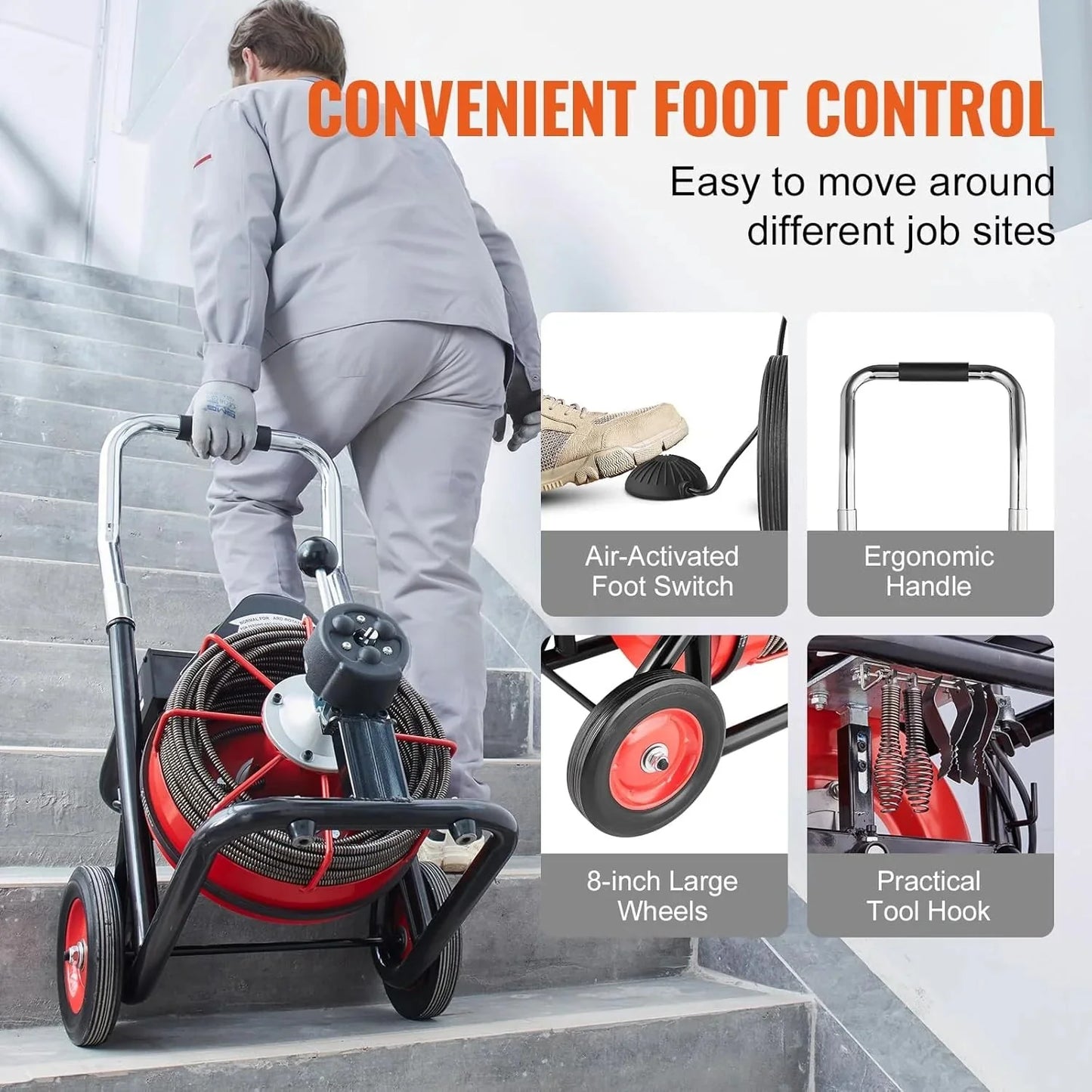 VEVOR Drain Cleaner Machine 100FT x 1/2 Inch, Auto Feed Sewer Snake Auger on Wheels, 550W Portable Drain Cleaning Machine with 8 Cutters & Air-activated Foot Switch for 2" to 4" Pipes