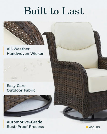 Outdoor Swivel Rocker Patio Chairs with 6-Inch Thick Cushions and Side Table, 3PCS High Back Wicker Patio Furniture Set for Porch, Balcony, Deck and Yard in Blue