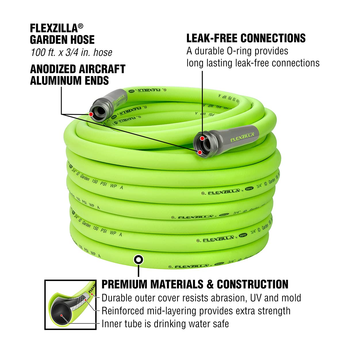 FLEXZILLA Garden Hose 3/4 in. x 100 ft., Lightweight & Durable