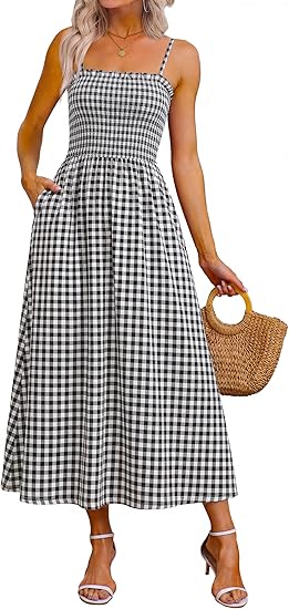 Womens Spaghetti Strap Maxi Dresses Smocked with Pockets 2026 Summer Spring Casual Boho Beach Long Sundresses