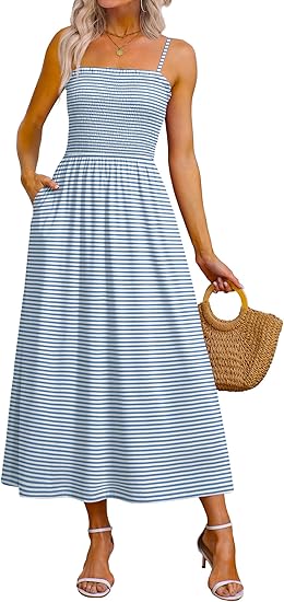 Womens Spaghetti Strap Maxi Dresses Smocked with Pockets 2026 Summer Spring Casual Boho Beach Long Sundresses