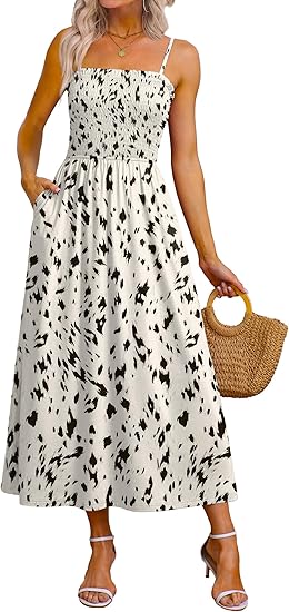 Womens Spaghetti Strap Maxi Dresses Smocked with Pockets 2026 Summer Spring Casual Boho Beach Long Sundresses