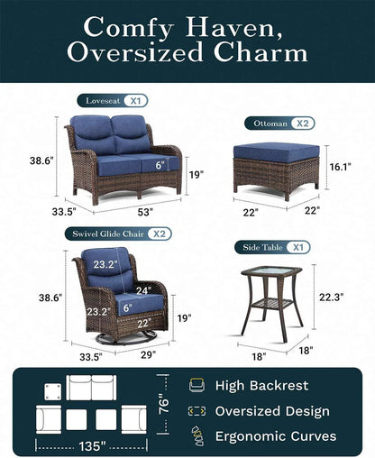 Outdoor Swivel Rocker Patio Chairs with 6-Inch Thick Cushions and Side Table, 3PCS High Back Wicker Patio Furniture Set for Porch, Balcony, Deck and Yard in Blue