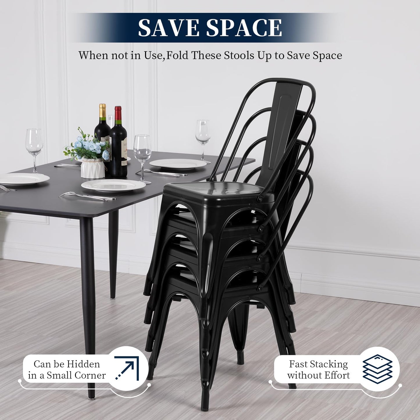 FDW Metal Dining Chairs Set of 4 - Black Stackable Tolix
