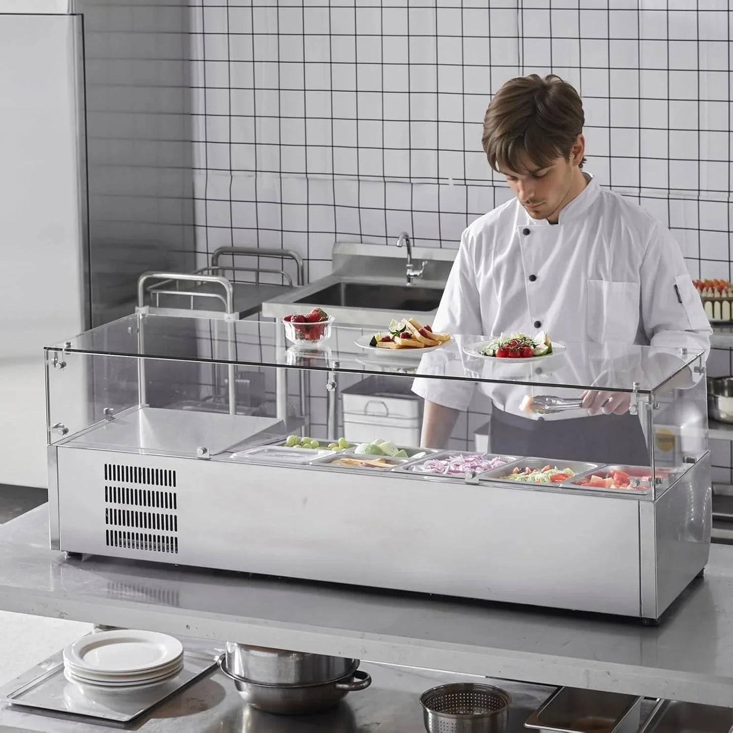 Refrigerated Condiment Prep Station, 135 W Countertop Refrigerated Condiment Station, with 2 1/3 Pans & 4 1/6 Pans, 304 Stainless Body and PC Lid, Sandwich Prep Table with Stainless Guard, ETL