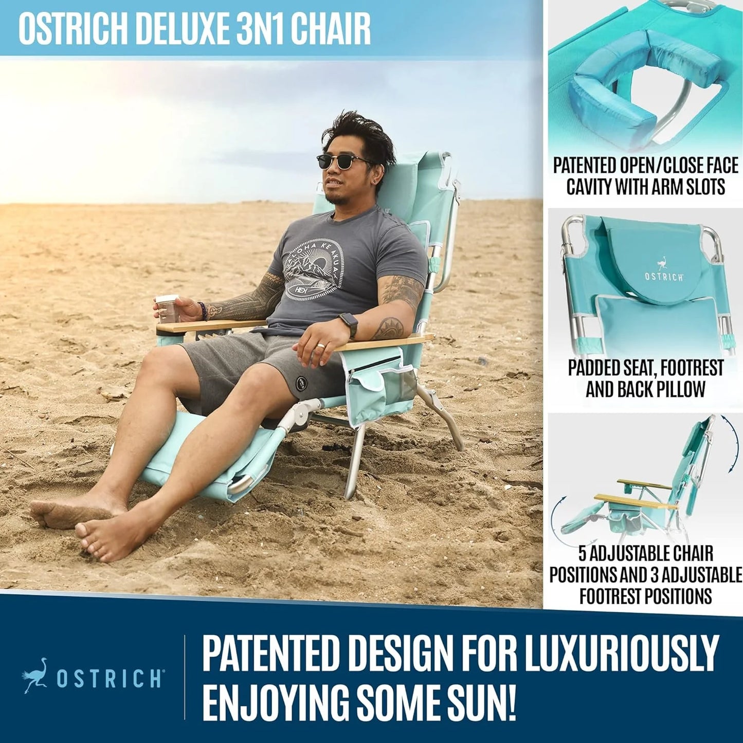 Deluxe 3 in 1 Beach Chair with Face Opening - Portable, Reclining Lounger for Tanning - Face Hole for Reading on Stomach - Padded Footrest, Removable Pillow - Aluminum