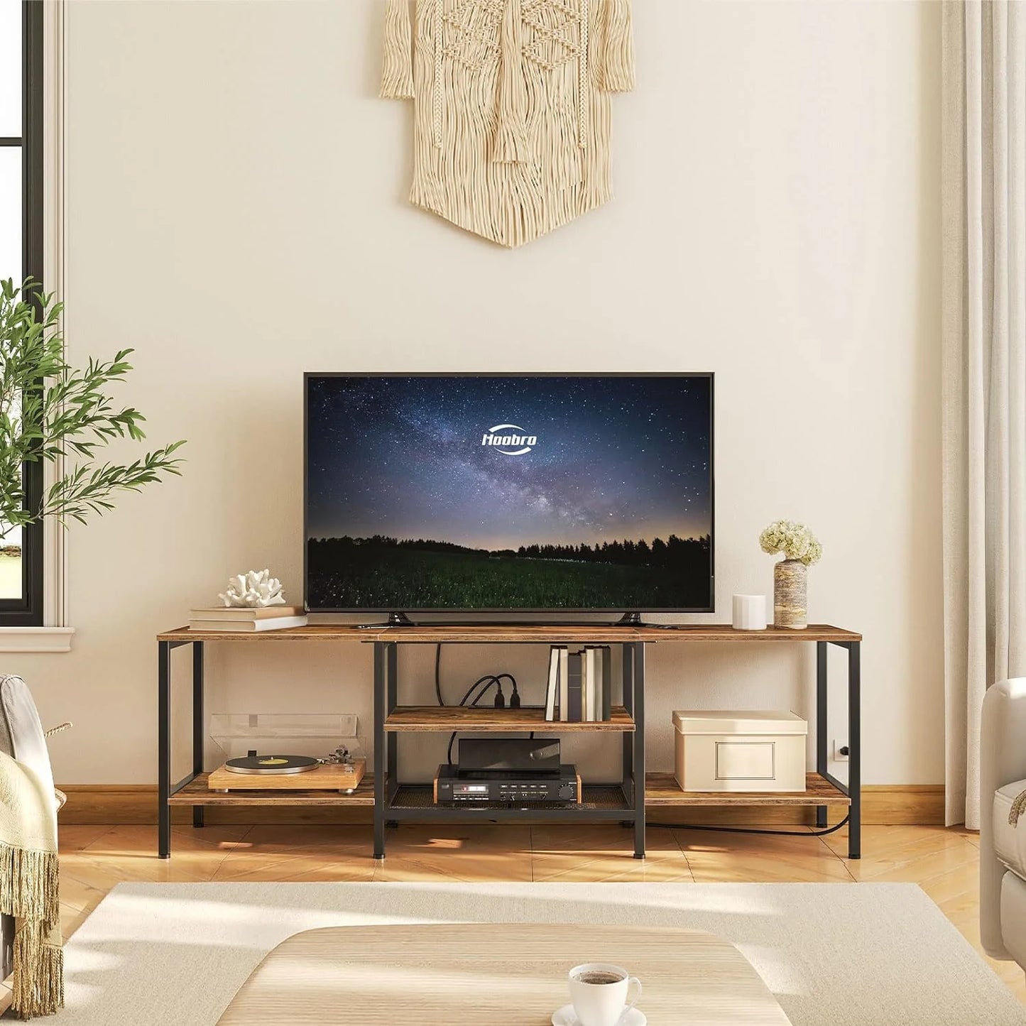 TV Stand with Power Outlets to 75 Inches, TV Console Table with Open Storage Shelves Cabinet, Industrial Media Entertainment Center for Living Room Bedroom, Rustic Brown and Black BF60DS01