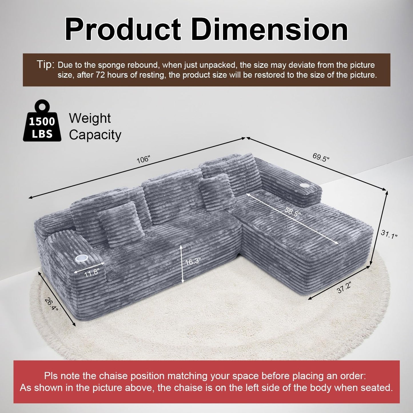 Cloud Sectional Couch with L-Shape Chaise, Modern Modular Sofa with Deep Seat, Built-in Cup Holder & Storage Pocket for Living Room Bedroom, No Assembly Required (Dark Gray, Left Sitting Chaise)