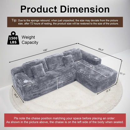 Cloud Sectional Couch with L-Shape Chaise, Modern Modular Sofa with Deep Seat, Built-in Cup Holder & Storage Pocket for Living Room Bedroom, No Assembly Required (Dark Gray, Left Sitting Chaise)