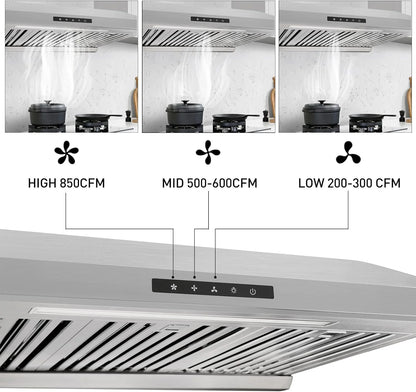 Powerful 30 Inch Under Cabinet Range Hood With Seamless Stainless Steel Body, Twin Turbo Motors, 3 Speed Touch Screen, Round Vent, Baffle Filters, LED Lights, Oil Collector