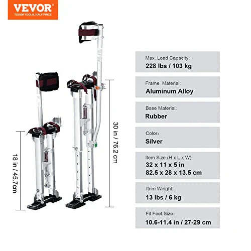 VEVOR Drywall Stilts, 18''-30'' Adjustable Aluminum Tool Stilts with Protective Knee Pads