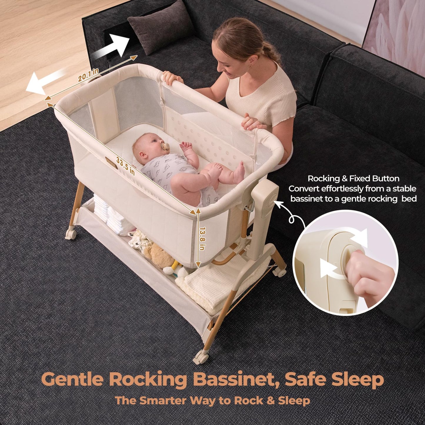 EZEBABY Baby Bassinet Bedside Sleeper - 3-in-1 Rocking Crib