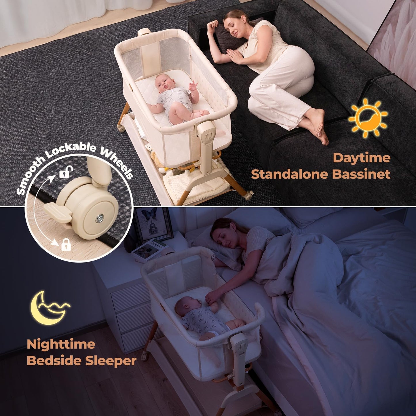 EZEBABY Baby Bassinet Bedside Sleeper - 3-in-1 Rocking Crib